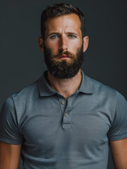 Fototapeta premium Studio portrait of a thoughtful man with beard, wearing a grey shirt and looking away