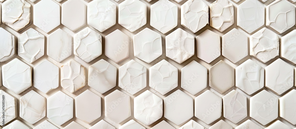 Sticker A detailed shot of a white hexagon tile wall in a building, showcasing the intricate mesh pattern and sleek flooring design