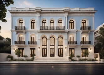 Fototapeta na wymiar Greek neoclassical style, this three-level floor commercial building showcases a fusion of traditional organic elegance and Mediterranean influence.