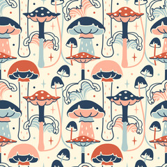 Tricky mystery seamless pattern with mushrooms. Fun playful vision, floral backdrop. Vintage light background with fungi, agaric and toadstools. - obrazy, fototapety, plakaty