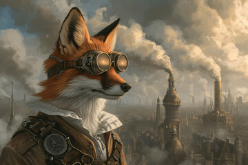 Steampunk Fox: A Glimpse into a Mechanical Future Cityscape - obrazy, fototapety, plakaty