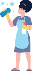 Cleaning lady mascot. Woman housekeeping with spray bottle and washing cloth