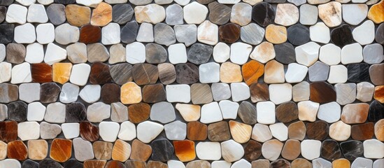 Close-up of varied rock wall and top view of glass mosaic and stone for interior design
