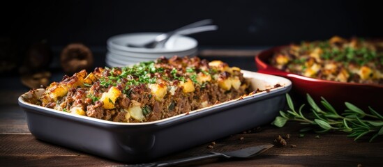 Close-up of casserole dish with meat and potatoes