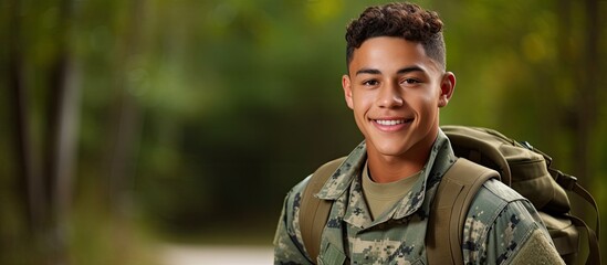 Hispanic military student in uniform and backpack grinning