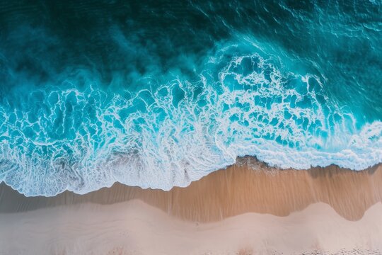 Ocean wave, top view banner. Spectacular drone photo of beach for refreshing and calmness concept. Flat lay poster. Generative AI