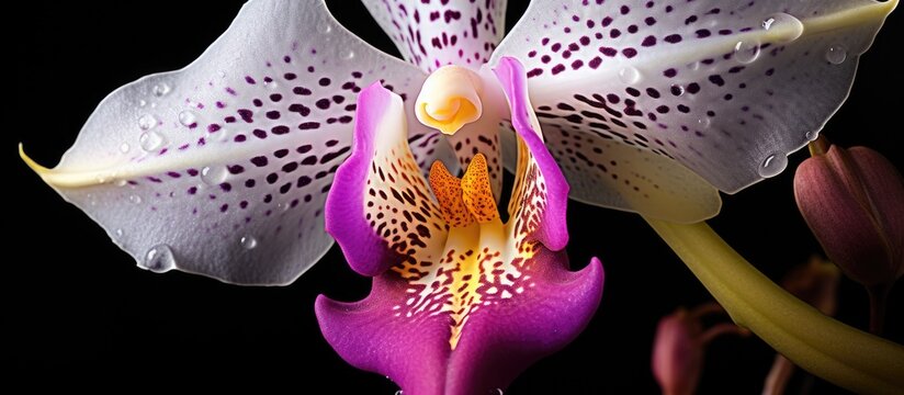 Lovely orchid in close-up with purple and white petals and yellow center