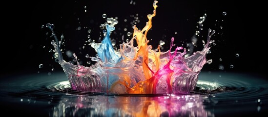 Colorful water splashing on dark surface - obrazy, fototapety, plakaty