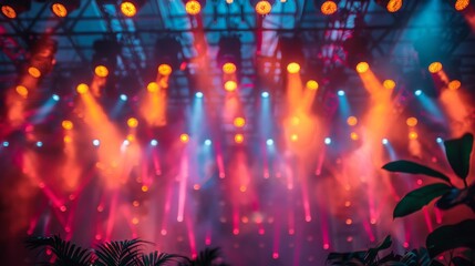 A sea of concertgoers dances under bright stage lights in a celebratory atmosphere ,Event