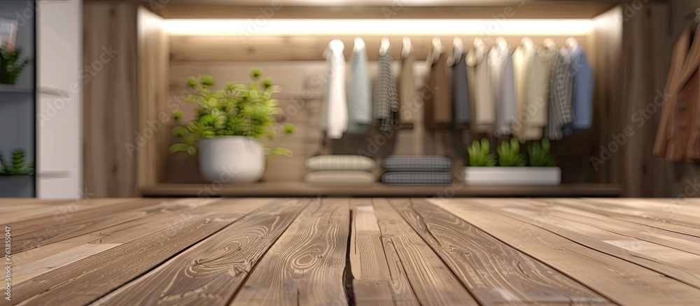 Poster a wooden table is placed in the forefront with a closet in the background, both adding warmth to the