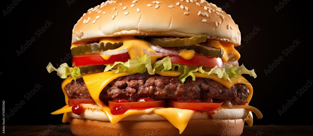 Poster Close-up view of a big burger with cheese, lettuce, tomato, and cucumbers