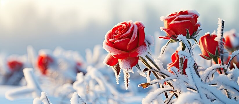 Red roses under thick snow
