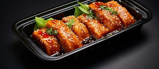 Plastic container with meat and sesame seeds