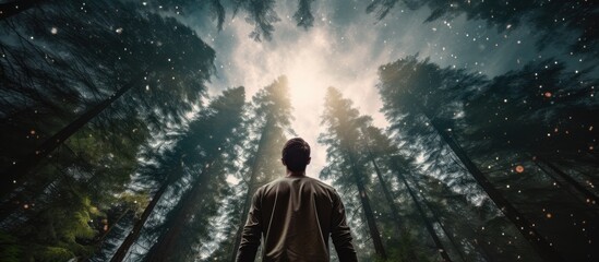 Obraz premium Man standing in pine forest looking up in wonder at the sky