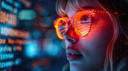 A side view of a digital display, artfully capturing the interplay of blue and red tones on electronic components