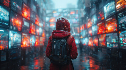A striking image of a person draped in red, gazing at futuristic screens amidst snowfall evoking wonder and exploration