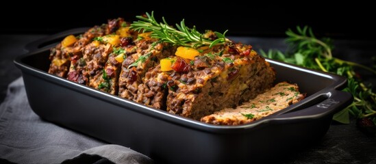 Close-up of a meat loaf with vegetables and spices