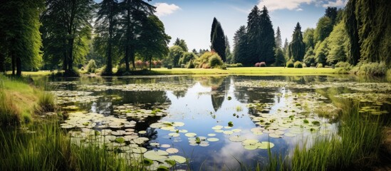 A serene pond with lily pads and surrounding trees