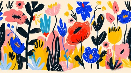 Fototapeta premium squiggle style flat line floral illustration, simple shapes, child like, vibrant colors