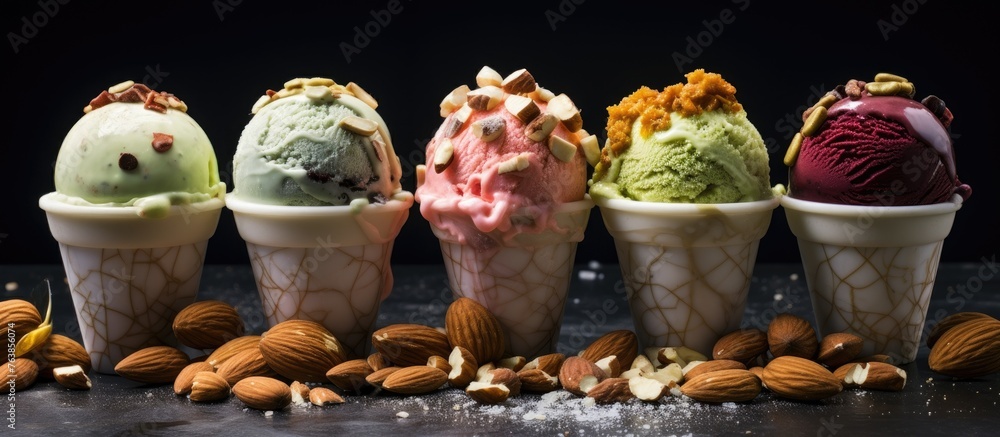Poster row of assorted ice cream scoops with side of mixed nuts