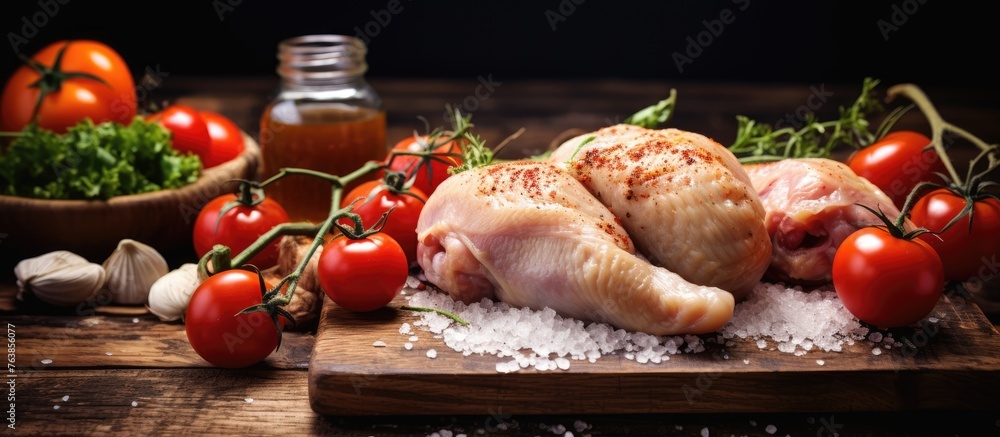 Sticker A wooden cutting board displaying chicken and tomatoes