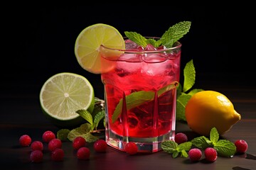 a glass of red drink with mint and limes - obrazy, fototapety, plakaty