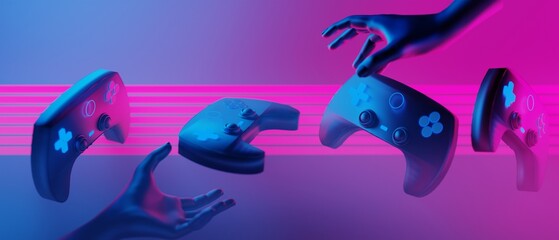 3d illustration rendering of joystick controller technology futuristic cyberpunk display, gaming scifi stage pedestal background