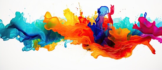 Vibrant electric blue art paint splashes in water on a white background, creating a mesmerizing...