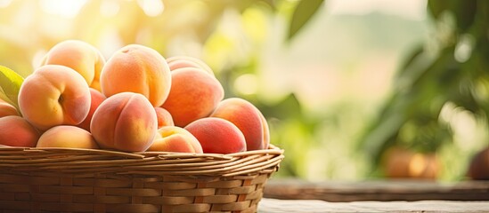 A basket of ripe peaches on a wooden table