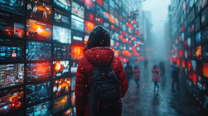 In a snowy cityscape, a figure is enveloped by illuminated digital screens displaying various content