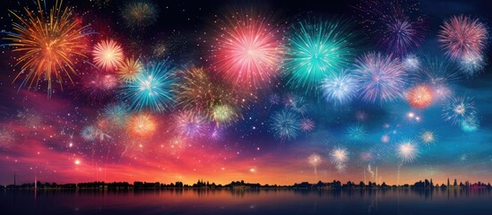 Fireworks illuminating night sky over urban landscape