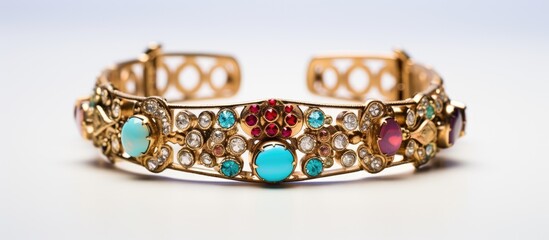 A shiny gold bracelet adorned with vibrant gemstones