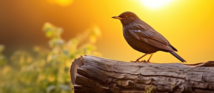 A bird perched on a wooden log under the sunlight