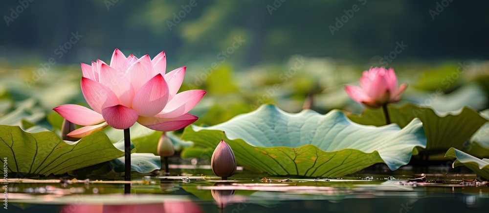 Wall mural Lotus flowers blooming in water with green leaves