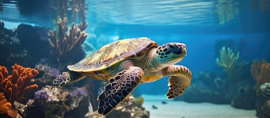 Obraz premium Turtle swimming among corals and fish in the sea