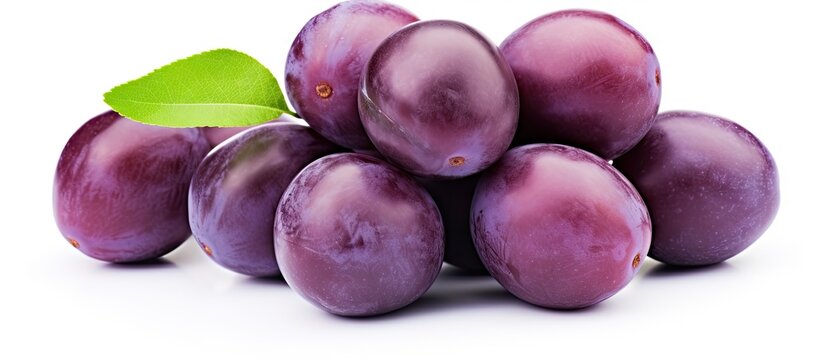 Close up of plums with leaf, Jambolan plum isolated on white background