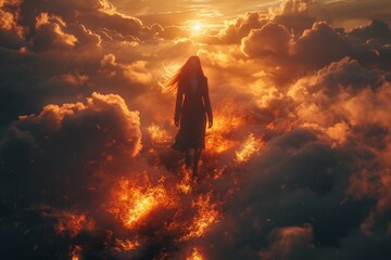 Cinematic grandeur as a businesswoman strides through billowing clouds, smoke swirling around her in a mesmerizing display. - obrazy, fototapety, plakaty