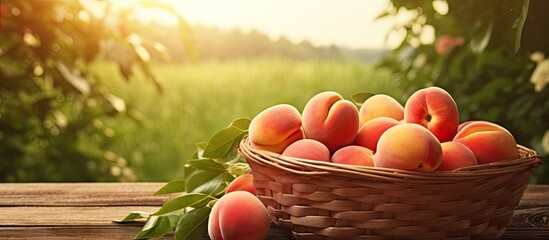 Basket of ripe peaches on a sunlit table