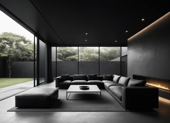 Concept art of interior design minimalism, dark modern architecture house