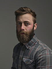 Fototapeta premium A portrait of a somber-looking bearded man in a plaid shirt against a neutral background, exuding a thoughtful and introspective mood