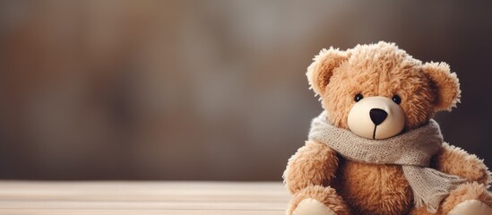 A teddy bear wearing a scarf sitting on a table