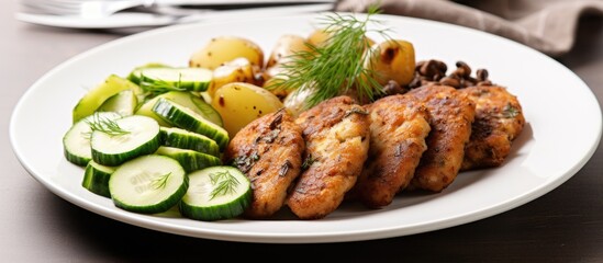 Plate of chicken, potatoes, cucumbers, and salad with lentil cutlet and mushrooms - obrazy, fototapety, plakaty