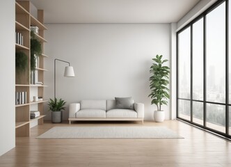 interior of modern architecture with a couch in an elegant style, showcasing a minimalist design bookshelf
