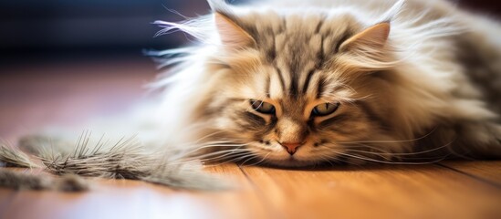 Fluffy cat lying head-on-tail on floor