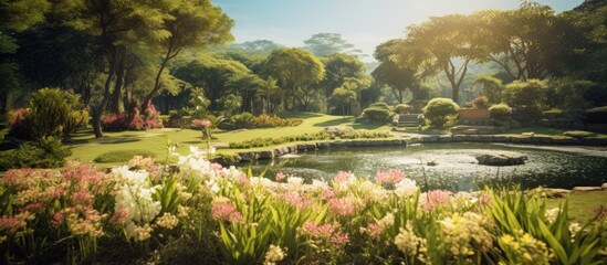 A serene pond surrounded by lush vegetation