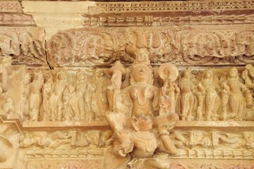 Ancient stone carvings at UNESCO World Heritage site, Khajuraho temples, Madhya Pradesh, India.