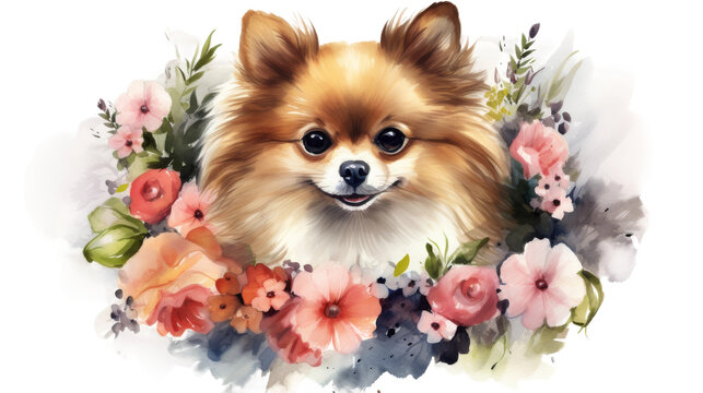 Watercolor Painting of Pomeranian Dog Snout on isolated Transparent background. PNG Format