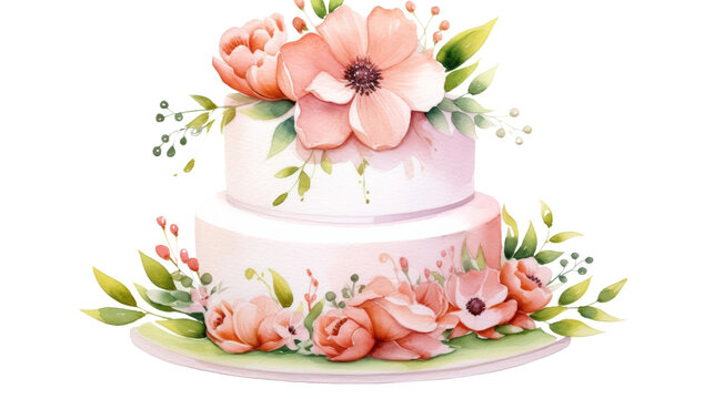 Simple Watercolor Painting of Decorated Cake on isolated Transparent background. PNG Format