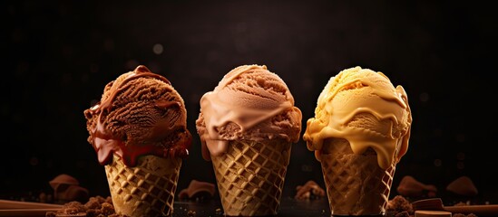 Three ice cream cones with assorted flavors