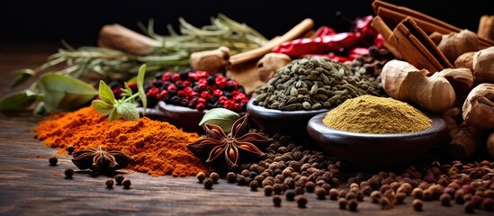 A close up of various spices and herbs on a table - obrazy, fototapety, plakaty